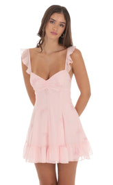 Chiffon Rose Ruffle Strap Dress In Pink