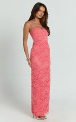 Carli Maxi Dress - Adjustable Strap Corset Bodycon Lace Dress In Watermelon