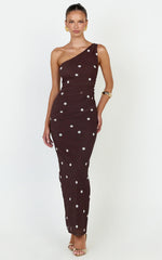 Criselda Maxi Dress - One Shoulder Maxi Dress In Chocolate Polkadot