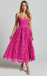 Gabriela Midi Dress - Strapless Lace Dress In Magenta