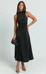 Macy Midi Dress - High Neck A Line Dress In Black