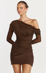 Cyra Mini Dress - Long Sleeve Drape Overlay Dress In Chocolate