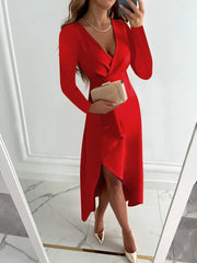 Elegant V-Neck Sheath Midi Dress With Slit Design