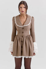 Sable-Brown Puppytooth Check Mini Dress - Sale