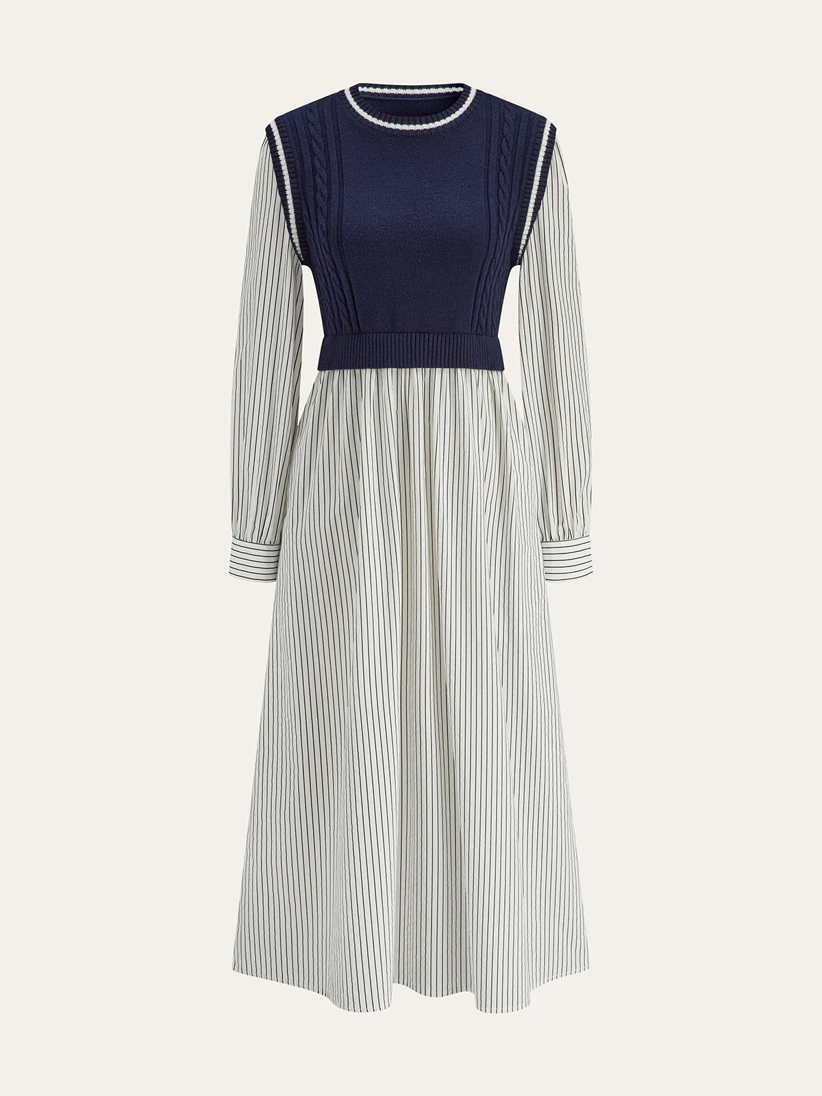 2 In 1 Cable-Knit Paneled Striped Midi Dress