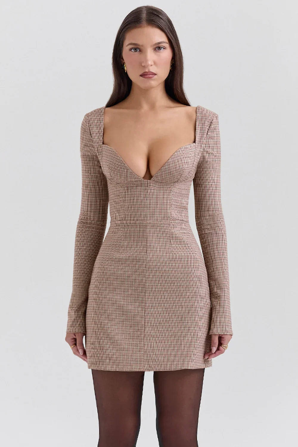 Angelie-Brown Puppytooth Check Plunge Mini Dress - Sale