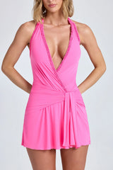 Halterneck Draped A-Line Mini Dress In Lollipop Pink