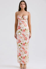 Pink Peony Print Satin Maxi Dress