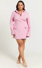 Wanda Mini Dress - Long Sleeve Faux Wrap Dress in Pink