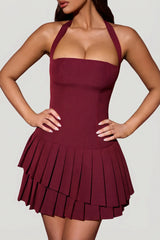 Asymmetric Layered Halterneck Mini Dress In Wine Red