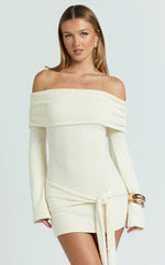 Rhianna Mini Dress - Knitted Off Shoulder Tie Waist Mini Dress In Cream