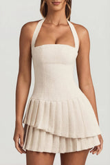 Asymmetric Layered Halterneck Mini Dress In Ivory
