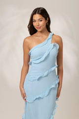 Giselle One Shoulder Blue Ruffle Cocktail Dress